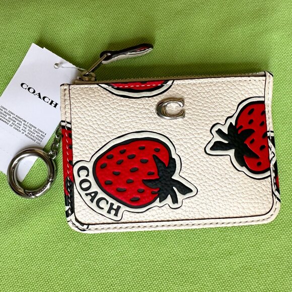 COACH STRAWBERRY PRINT LEATHER MINI SKINNY ID CASE:NWT STRAWBERRY/CHALK CT906 - Picture 2 of 15
